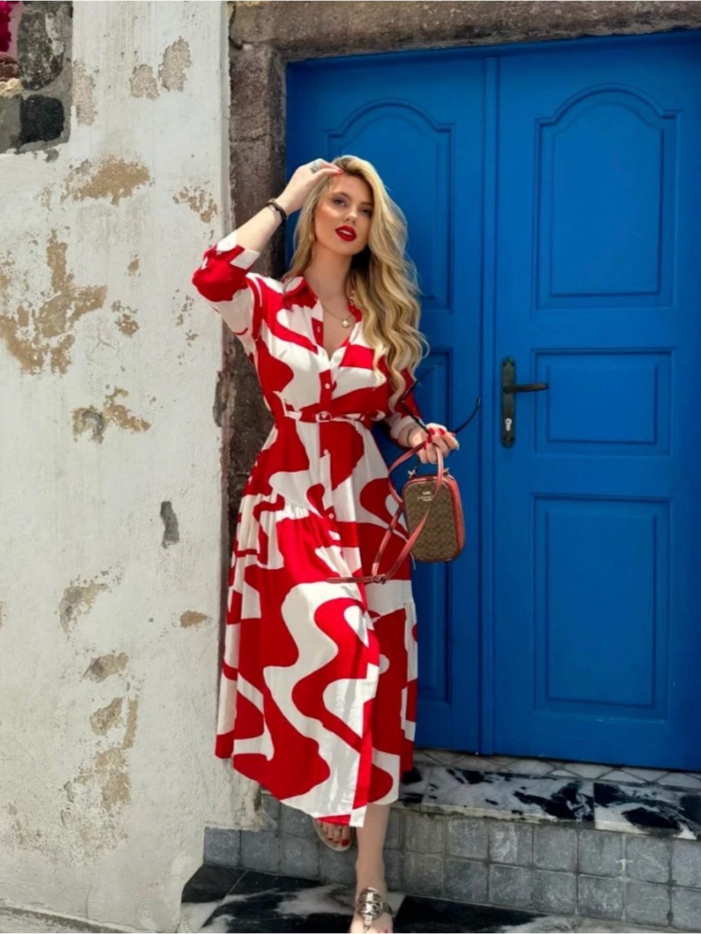 Zara Red & White Abstract Print Maxi Dress size S